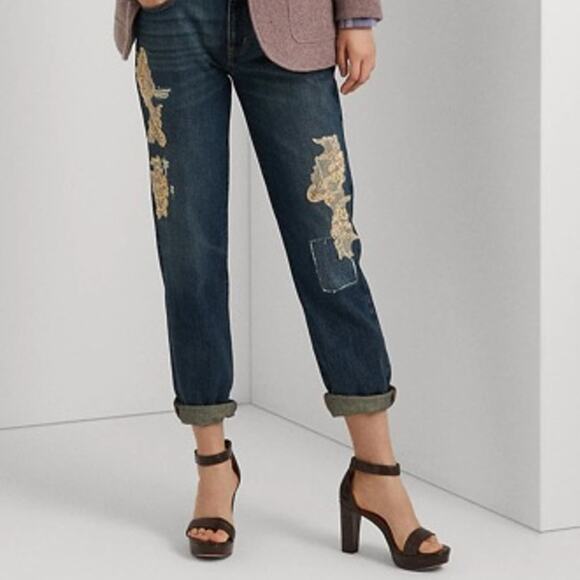 Ralph Lauren Women's Lace Patchwork Relaxed Tapered Jean, Boho Chic, Size 6 - Picture 1 of 8